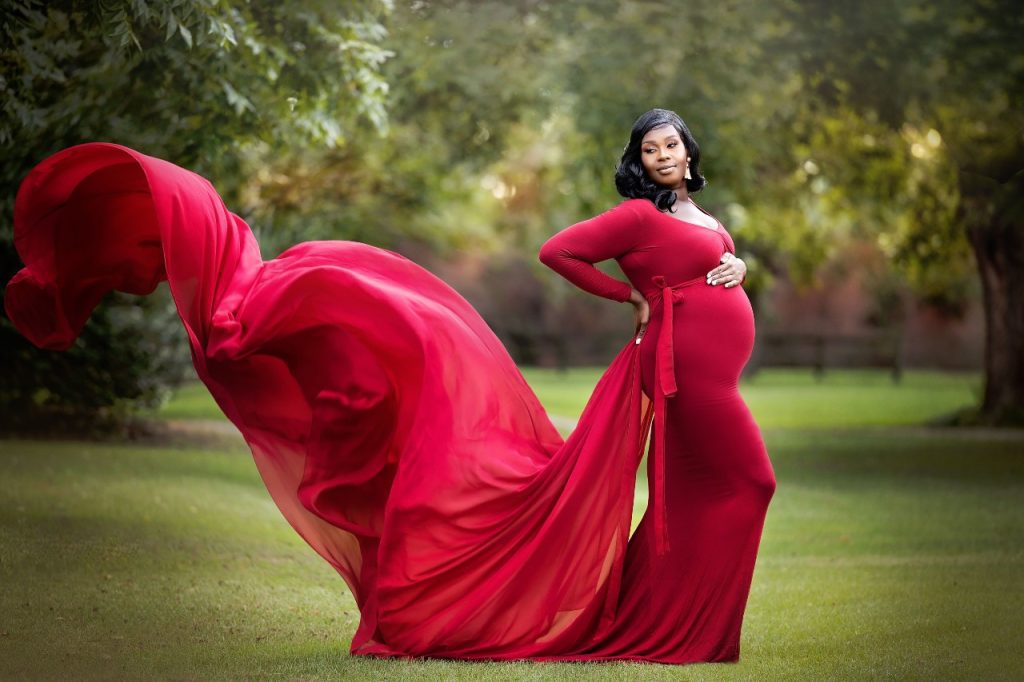 african-american-woman-in-red-maternity-gown